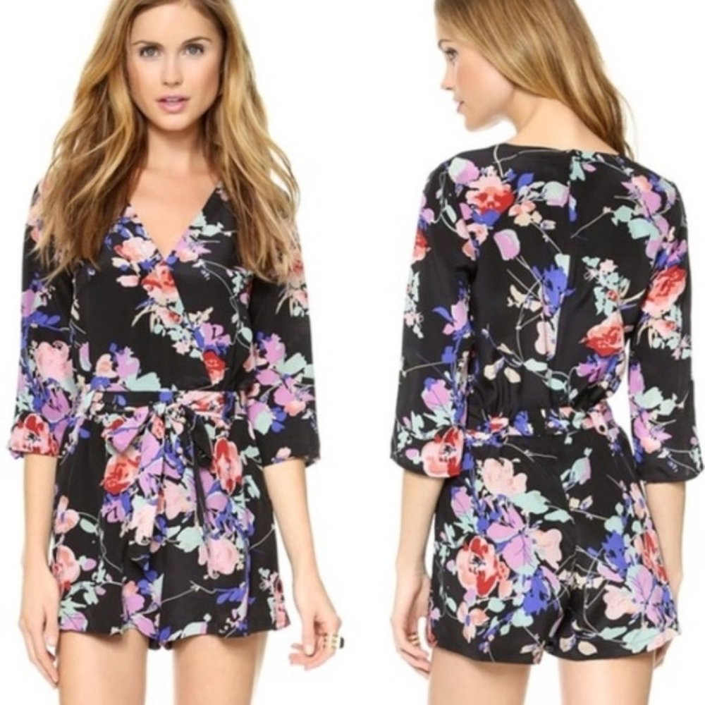 nwot yumi kim liz floral romper black silk v neck tie waist dress jumpsuit xs